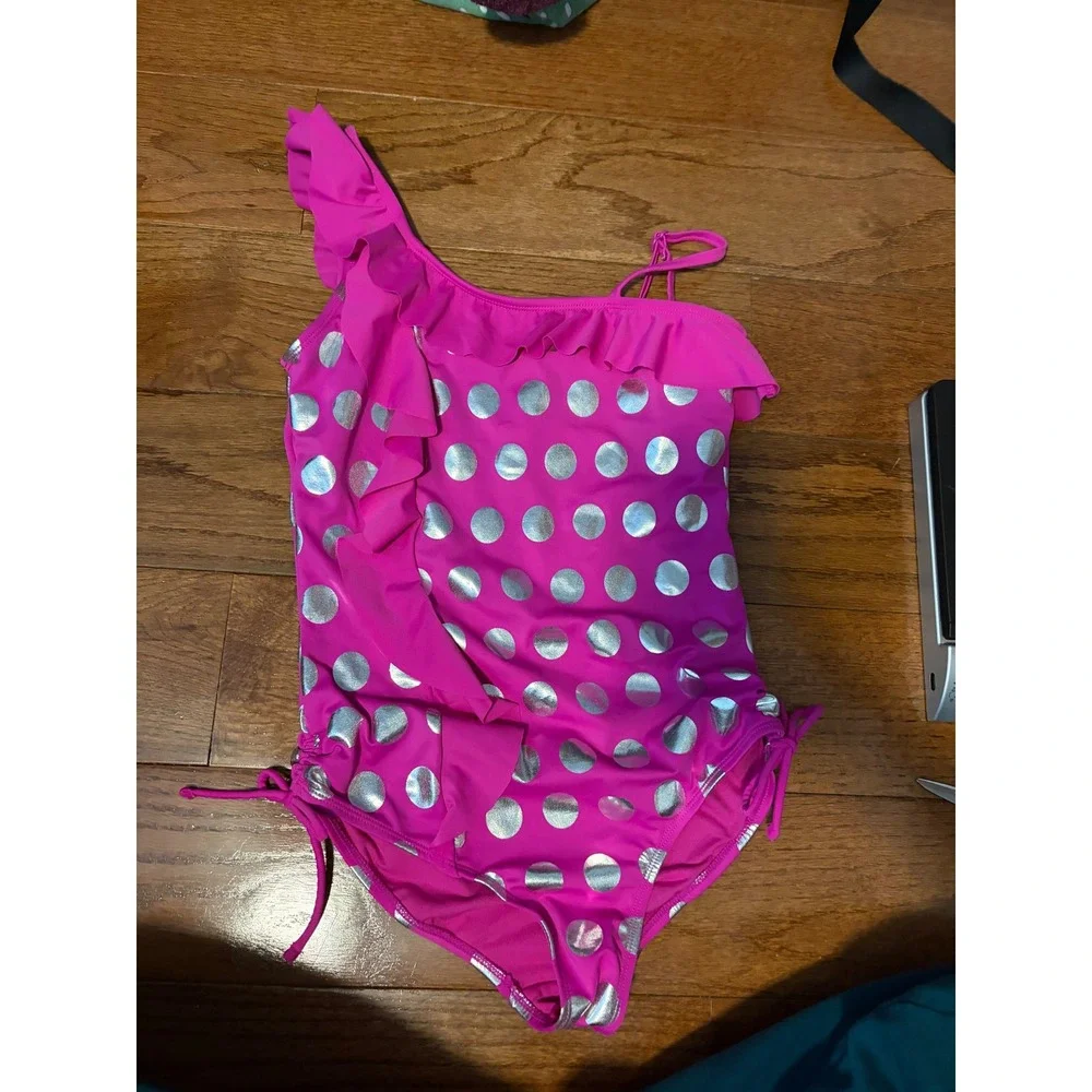 Justice One Piece Swimsuit Kids Size 14 Pink Silver Metallic Polka Dot Ruffle‎